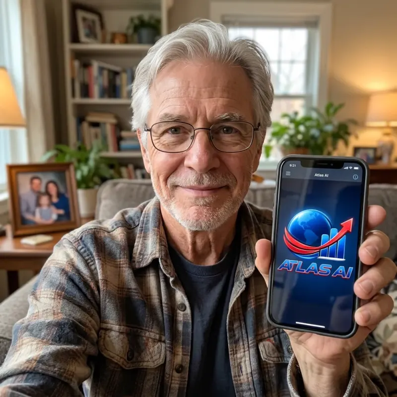 Man at home holding a phone with the Atlas AI app open